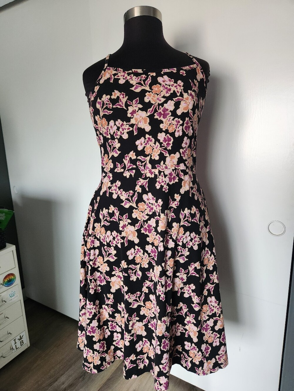 Pact Black Floral Midi Dress with Pink and Peach Blossoms